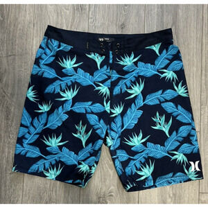 Hurley Men's Board Shorts Size 32 Blue Tropical Print Swim Trunks Surf Beachwear